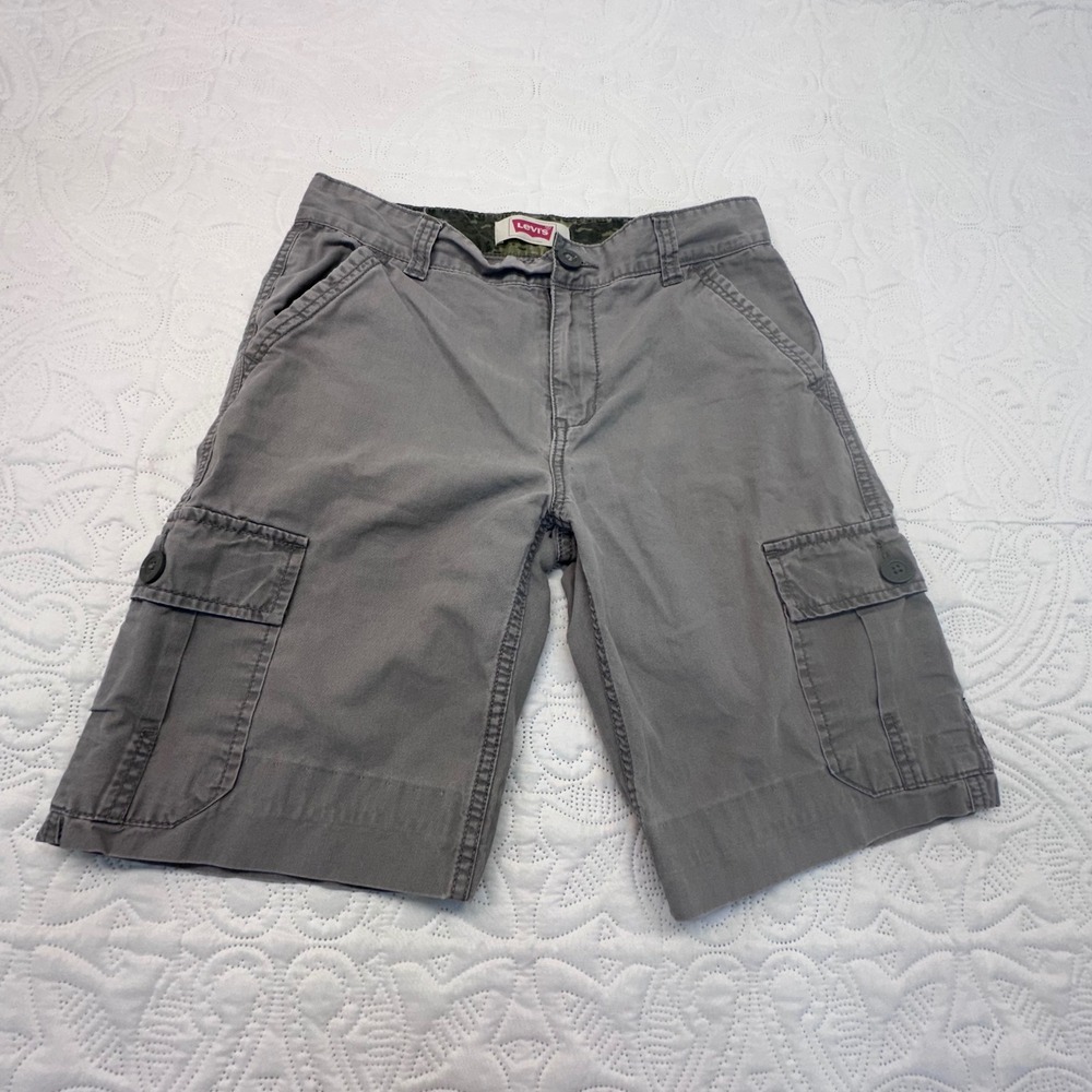 Levis Boys Gray Herringbone Cargo Shorts Size 14 Regular W27 Camo Lined 6967-G12